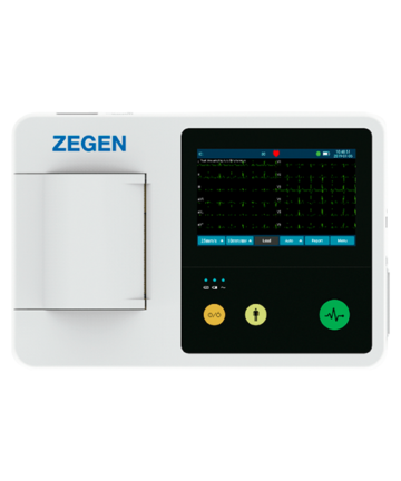Vista frontal del Electrocardiógrafo ZGN-30PRO en funcionamiento, mostrando su pantalla táctil de 5 pulgadas y diseño compacto.