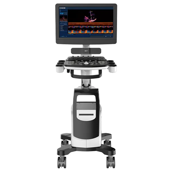 Vista completa del ultrasonido Chison Qbit 7 con pantalla encendida